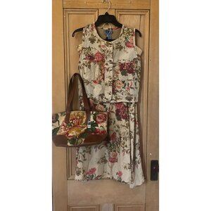 Cambridge Dry Goods Women Vintage Floral Purse Midriff Dress Medium Beige SP EXC